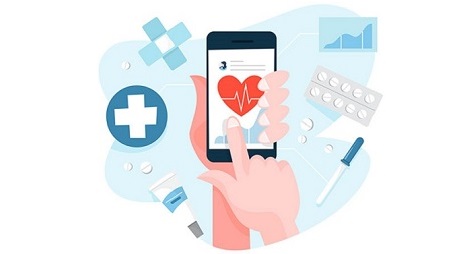 Illustration of a mobile phone with health icons and a finger tapping the screen